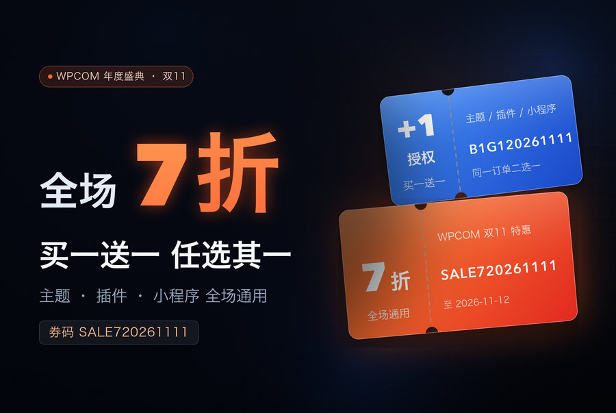 WPCOM双11全场7折还能买一送一：主题插件优惠码与领券下单全流程